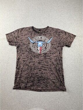 Gold's Gym Mens T Shirt Medium Brown Black Burnout Longhorn Skull Graphic Tee
